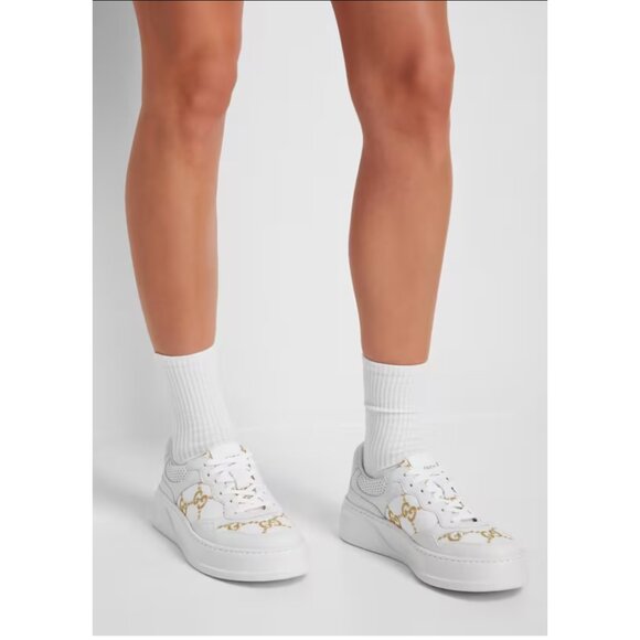 GUCCI SNEAKERS CHUNKY WHITE LEATHER GG LOGO GOLD LAME SHOES sz 36 6 - Picture 3 of 15